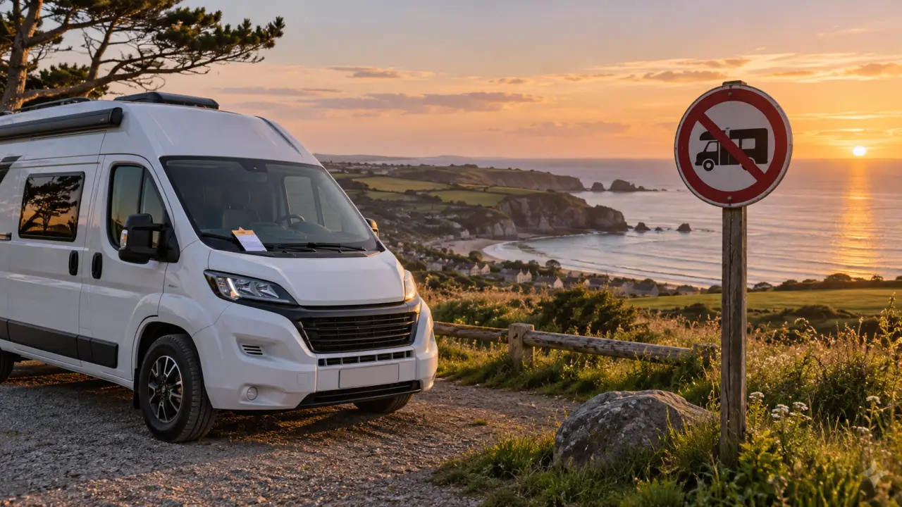 Van aménagé stationné dans un paysage français au coucher du soleil