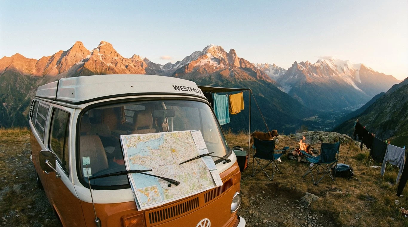 Van aménagé face aux Alpes au coucher du soleil