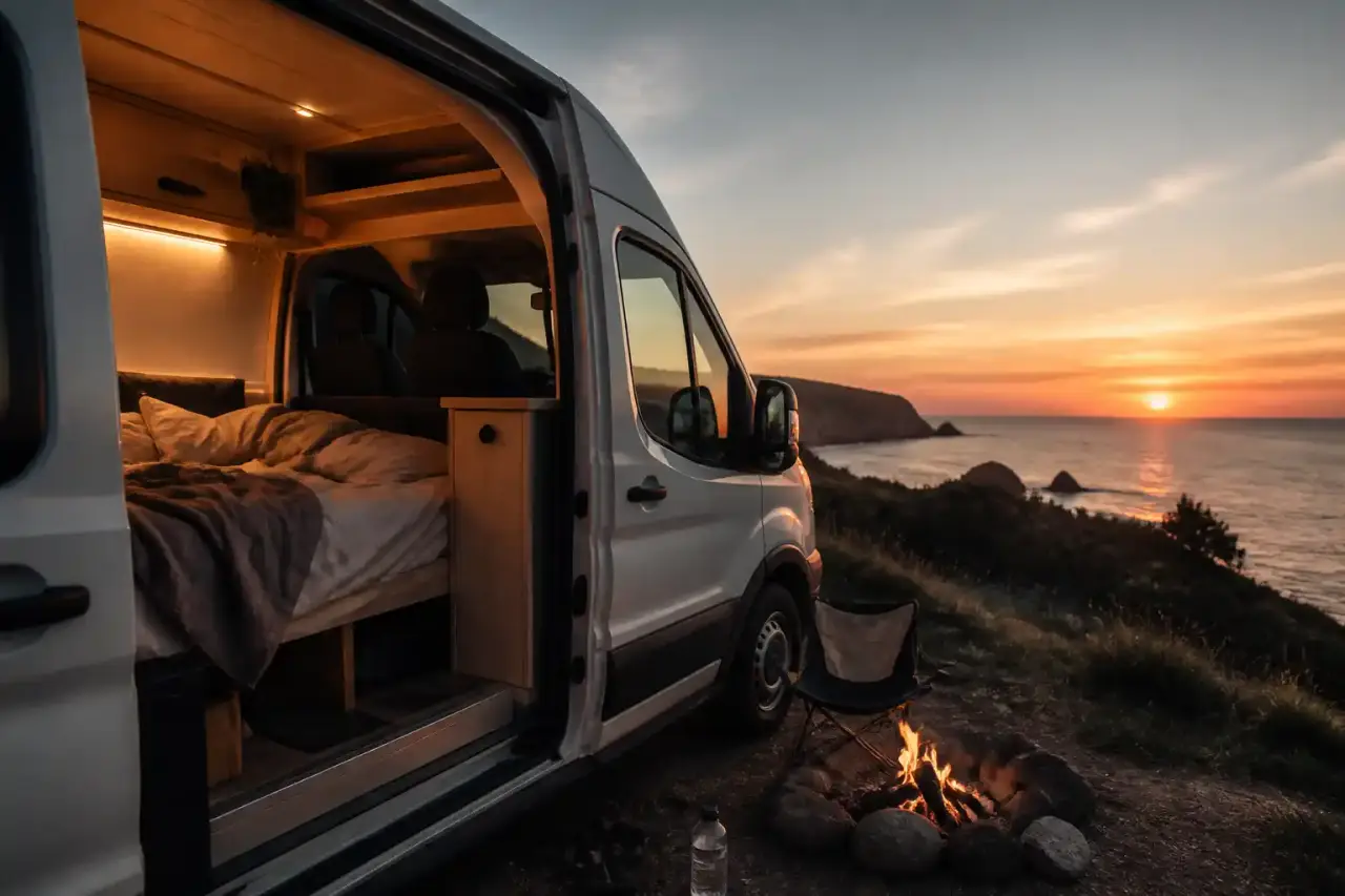 Van aménagé au coucher du soleil face aux Alpes françaises, ambiance roadtrip