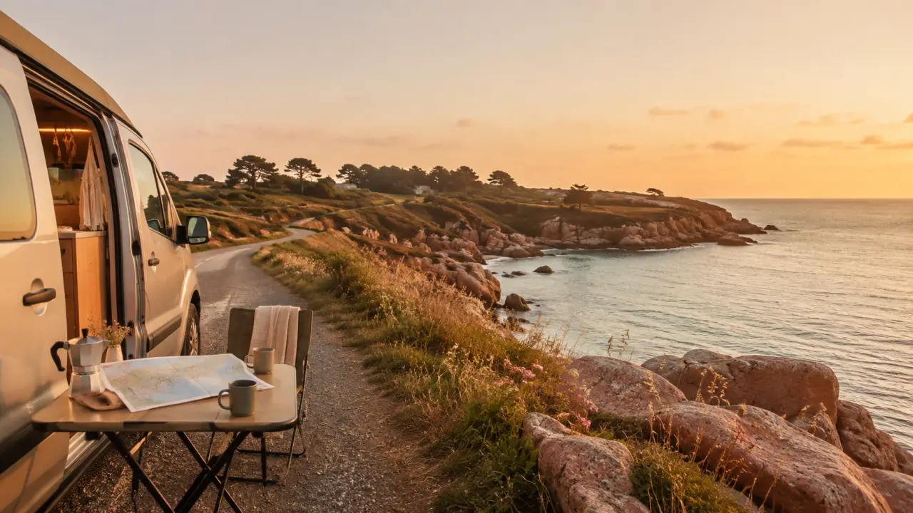 Van aménagé sur une côte bretonne au coucher du soleil