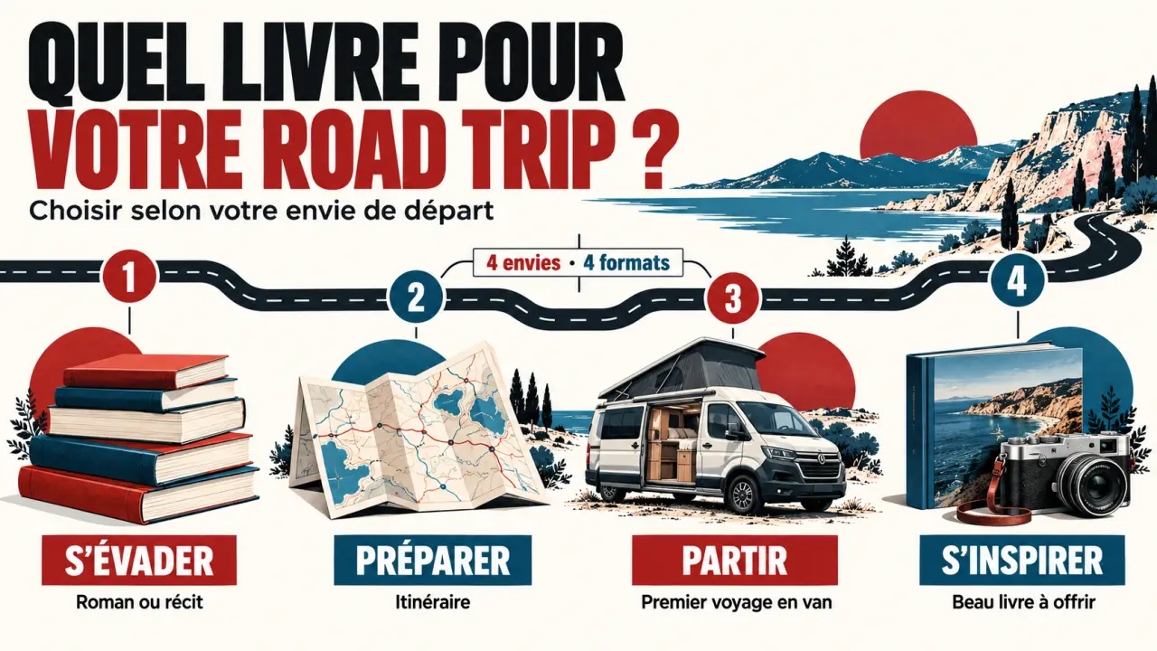Infographie pour choisir un livre road trip selon son besoin : roman, récit, guide pratique, van ou beau livre