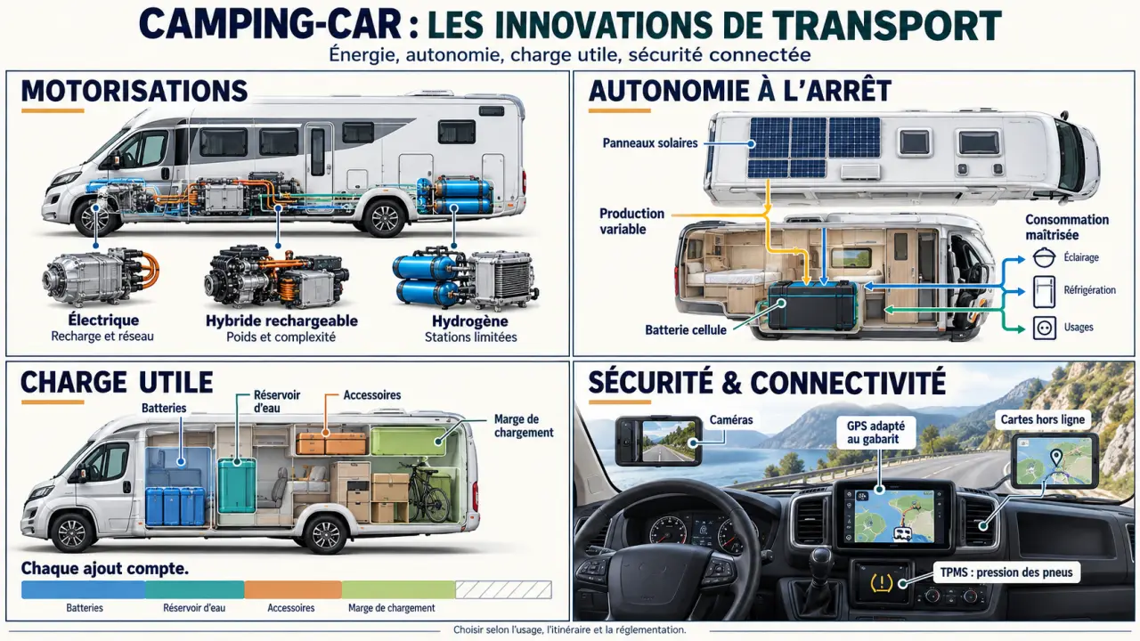 Infographie sur les innovations transports fr camping car : motorisation, autonomie, charge utile, sécurité et connectivité