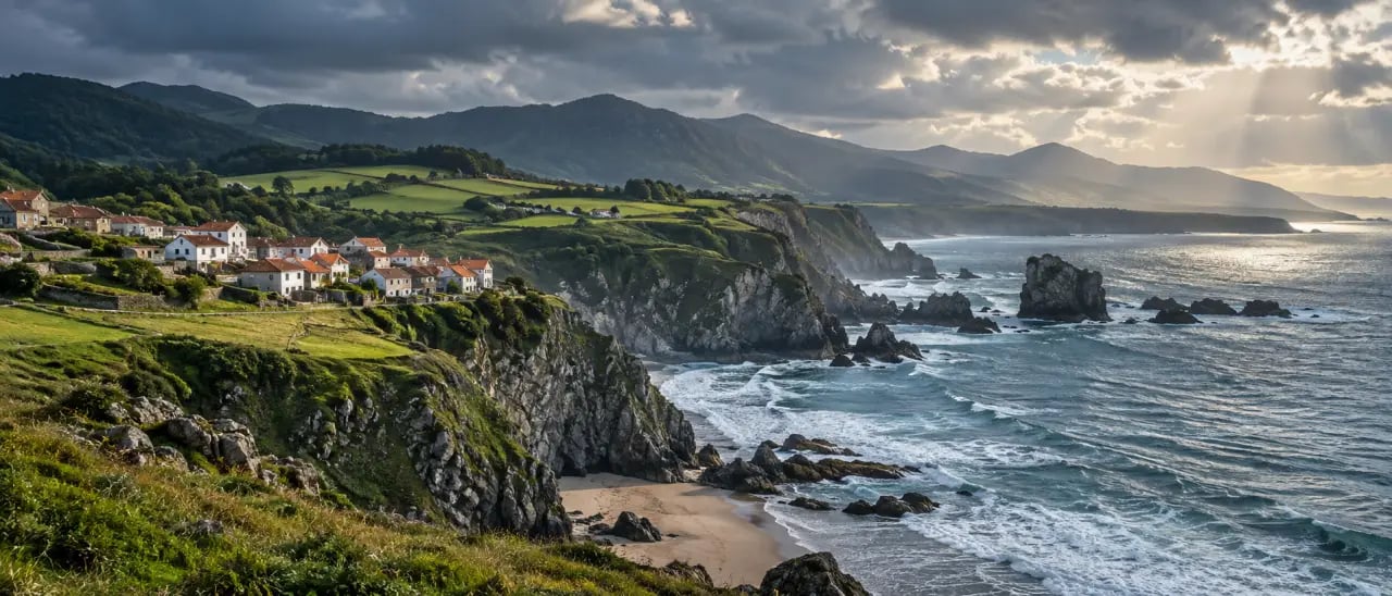 Paysage côtier verdoyant du nord Espagne entre falaises et océan Atlantique