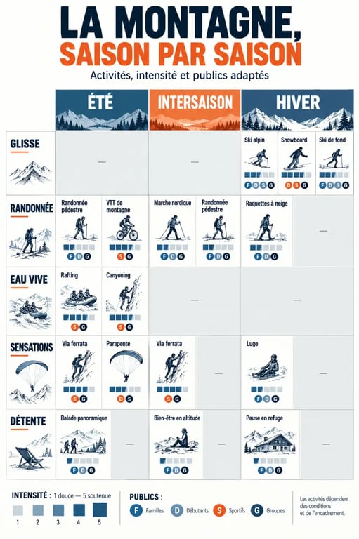 Infographie des activités à la montagne selon la saison, l’intensité et le public