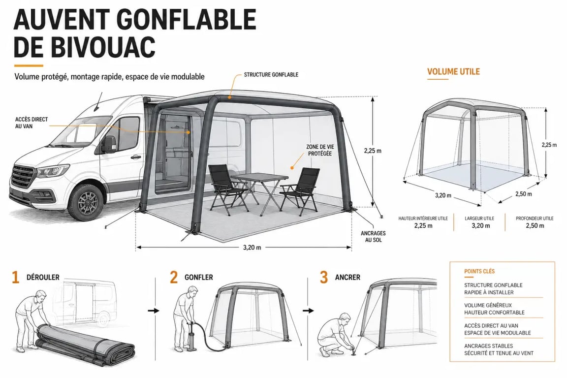 Auvent van aménagé gonflable en situation de bivouac avec espace de vie protégé